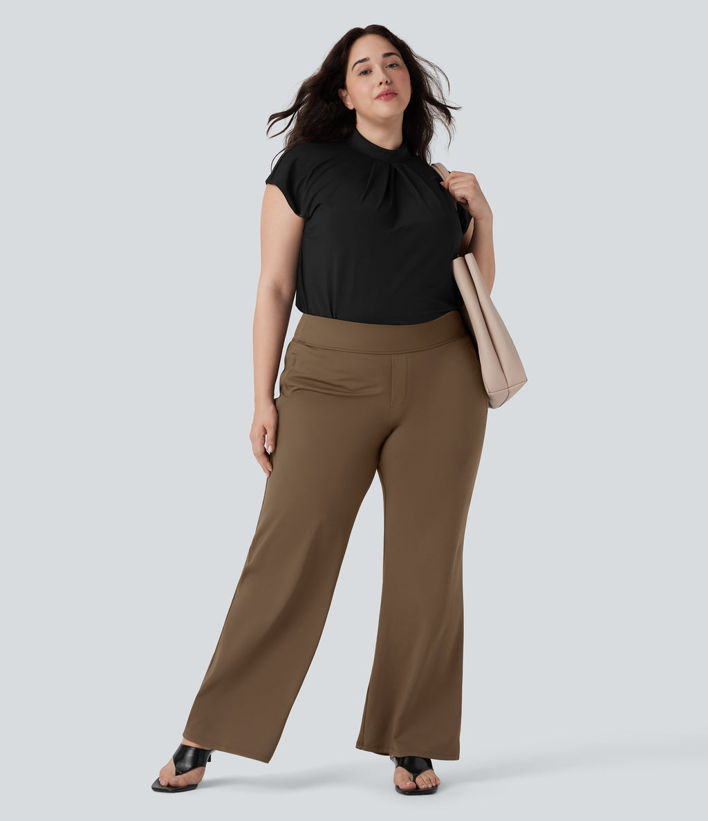 Plus Size FlexTM High Waisted Work Flare Pants with Side Zip Pockets