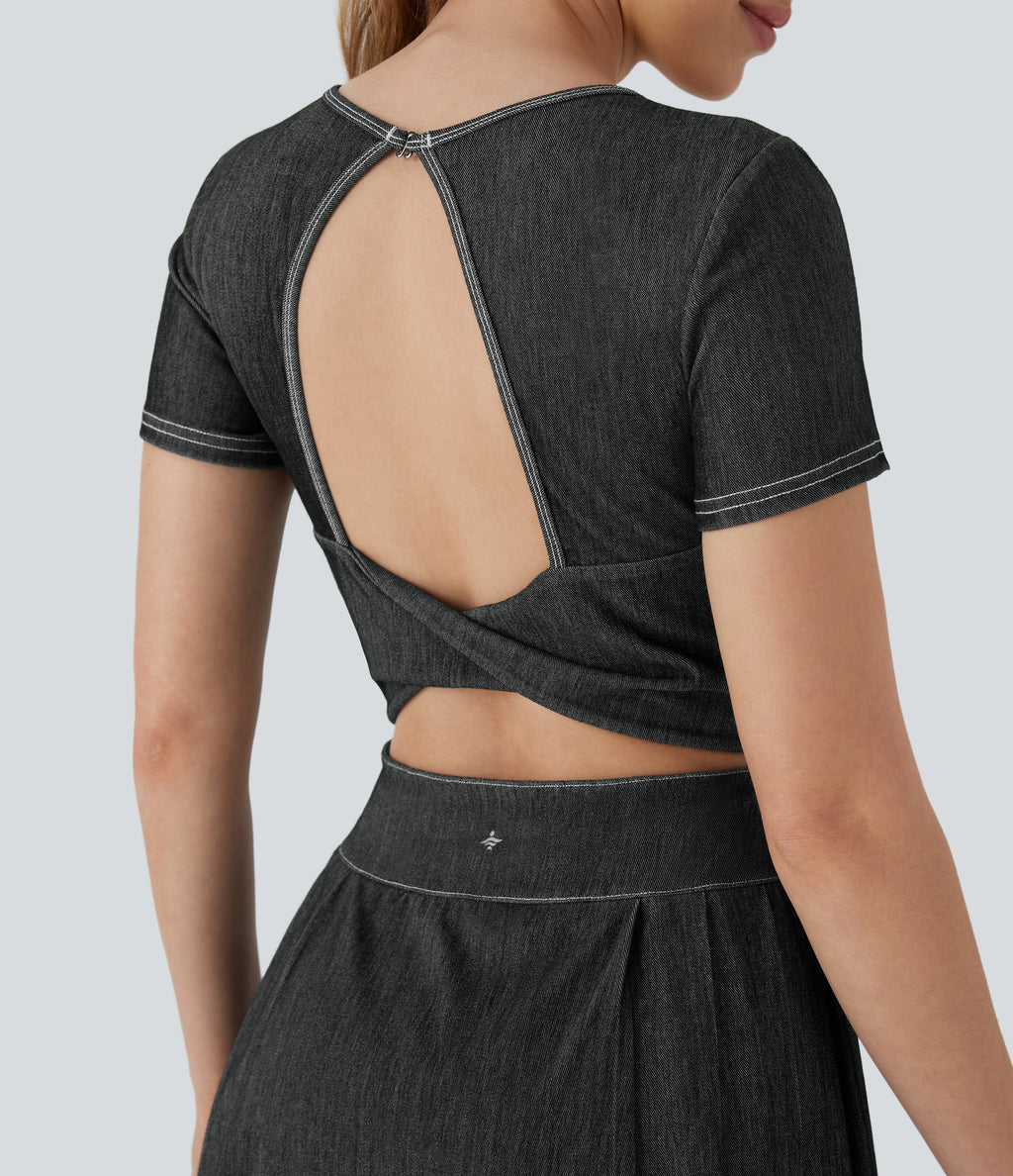 FlexTM Pleated Hem 2-in-1 Cool Touch Washed Denim Tennis Active Dress with Pockets