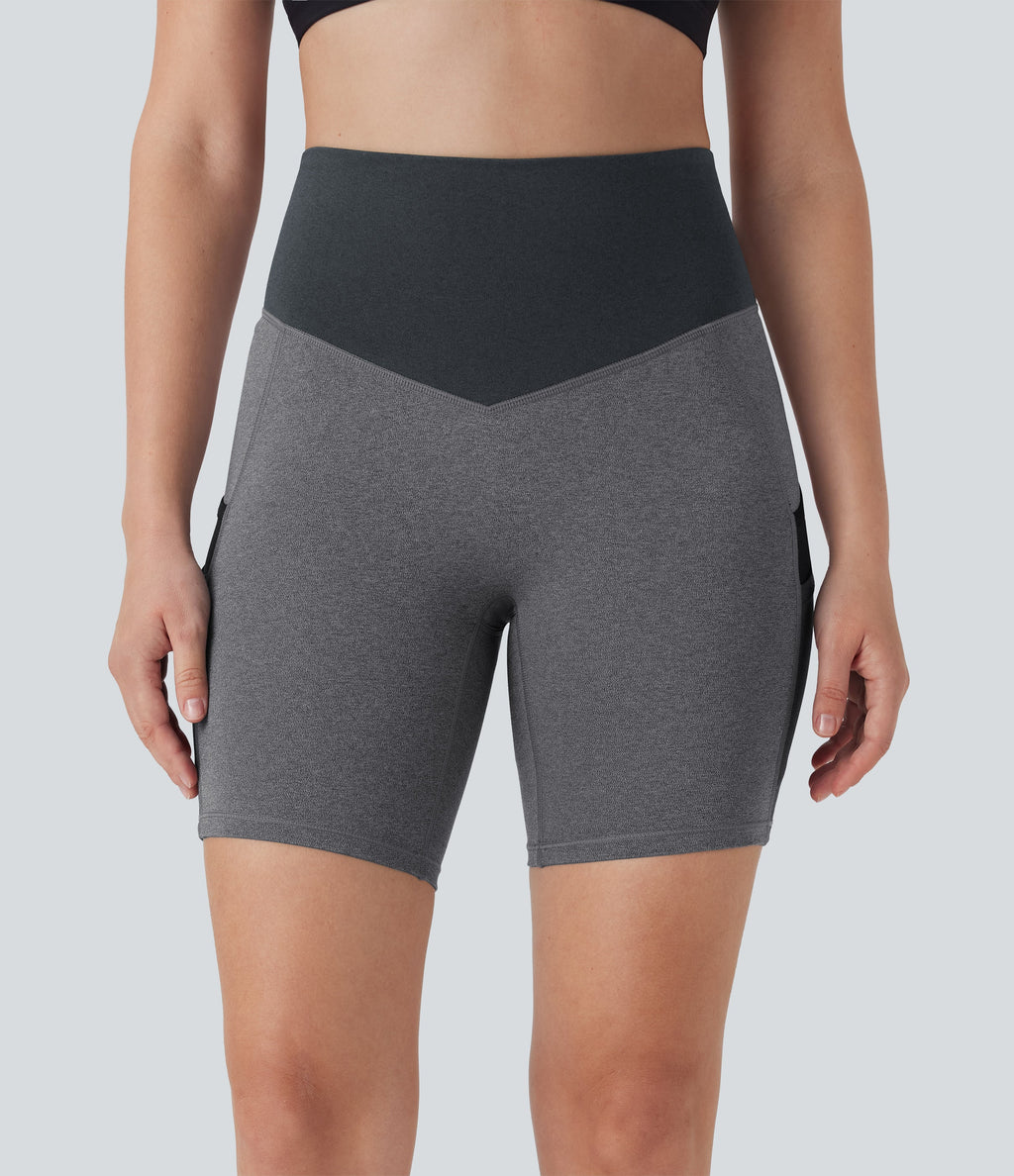 High Waisted Color Block Contrast Mesh Quick Dry Yoga Biker Shorts 7'' with Pockets