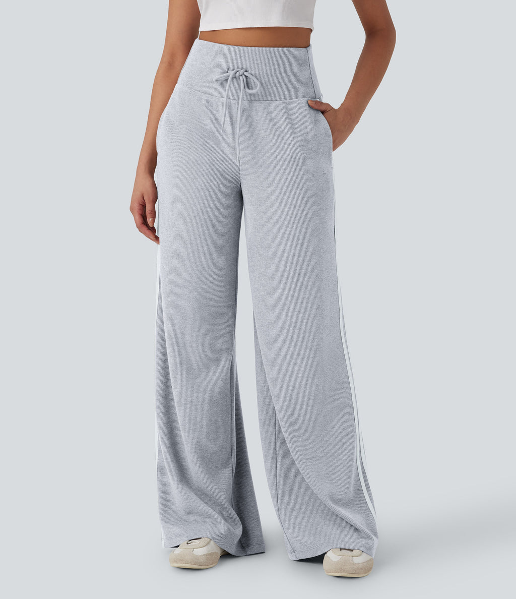 2026🔥 Ribbed SoCinched High Waisted Tummy Control Drawstring Wide Leg Color Block Casual Trousers with Pockets