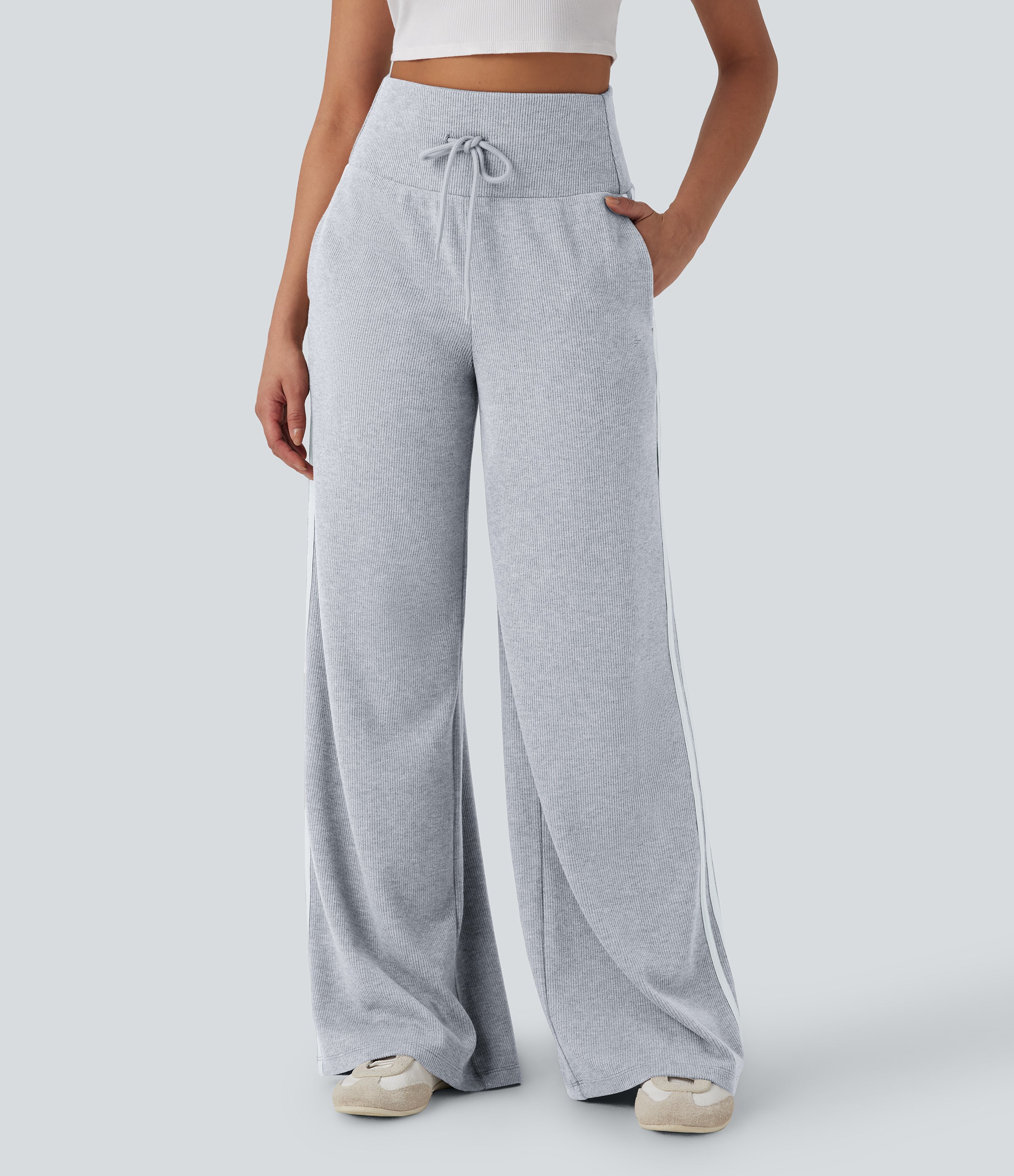 2026🔥 Ribbed SoCinched High Waisted Tummy Control Drawstring Wide Leg Color Block Casual Trousers with Pockets