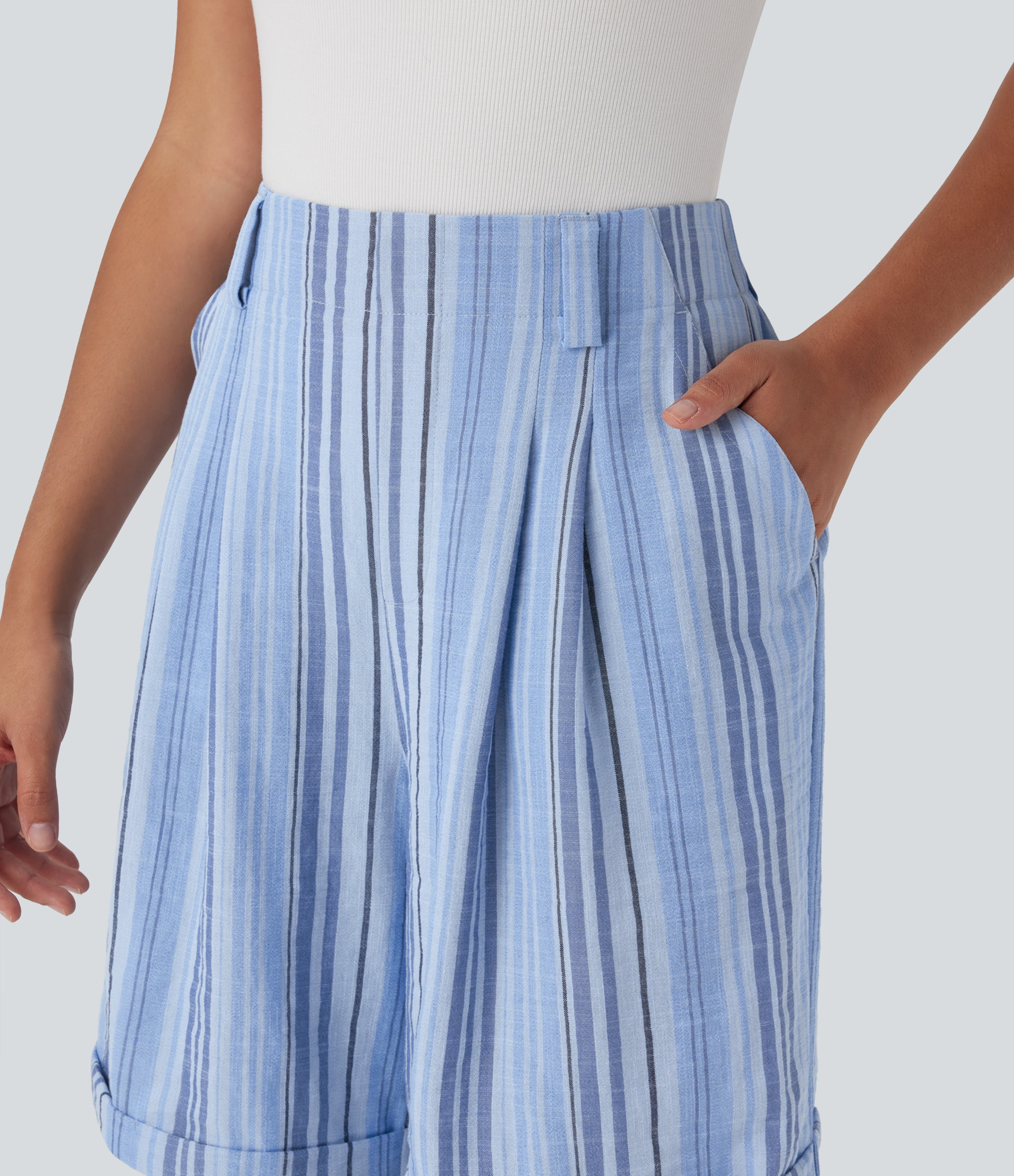 High Waisted Stripe Work Linen-Feel Bermuda Shorts with Pockets