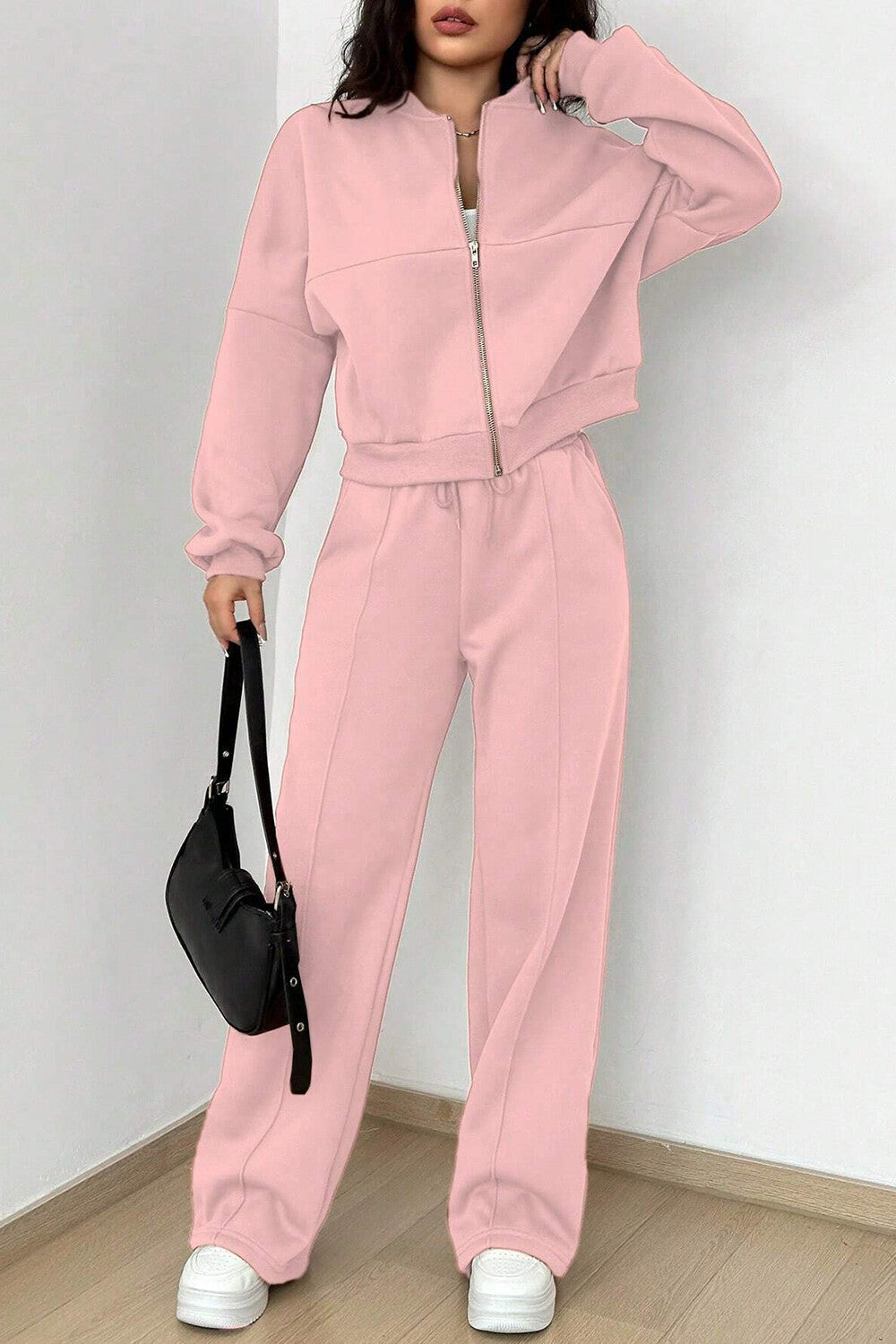 Zipper Long Sleeve Track Jacket Solid Color Wide Leg Pants Set-Black