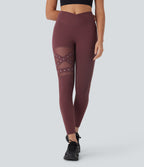 High Waisted Crossover Contrast Mesh Studded Yoga Leggings with Pocket