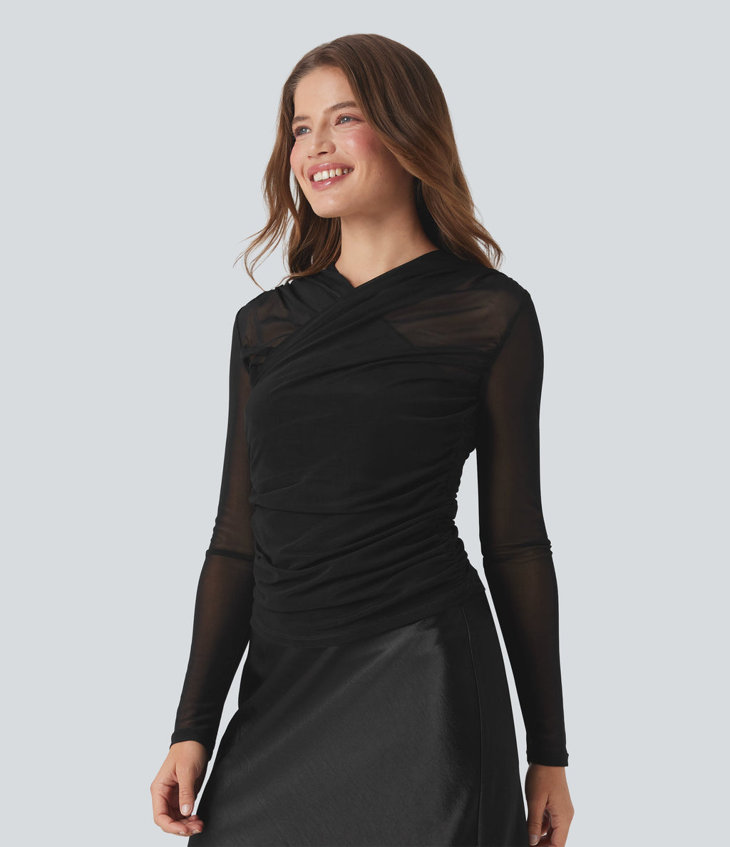 Sheer Mesh Crossover V Neck Ruched Casual Top
