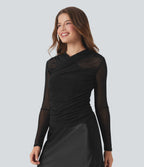 Sheer Mesh Crossover V Neck Ruched Casual Top