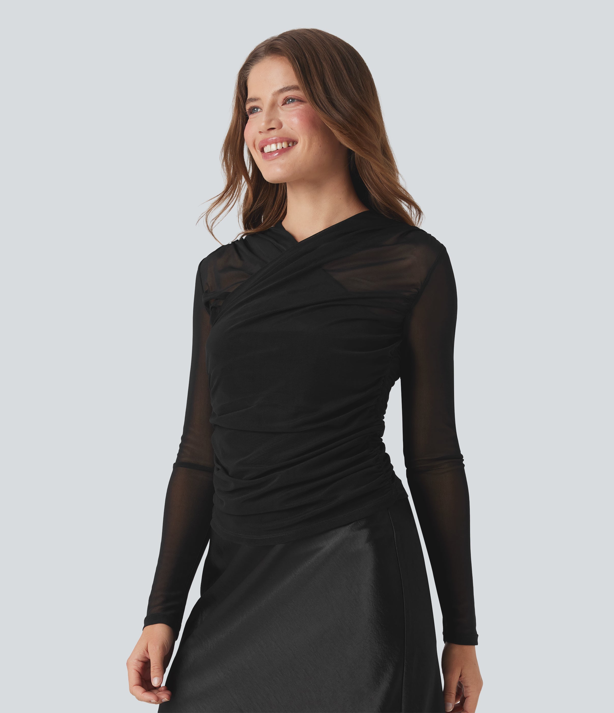 Sheer Mesh Crossover V Neck Ruched Casual Top
