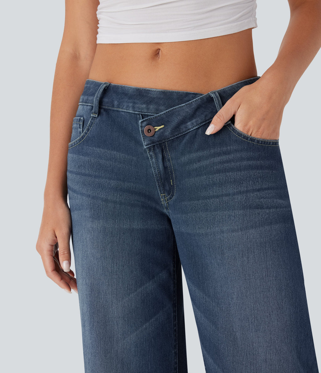 FlexTM Asymmetric Low Rise Zipper Pockets Baggy Wide Leg Washed Casual Jeans