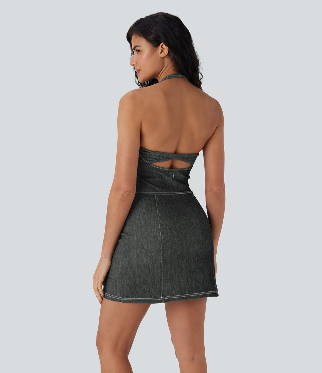 FlexTM Halter Bodycon 2-Piece Cool Touch Washed Denim Mini Tennis Active Dress with Pockets