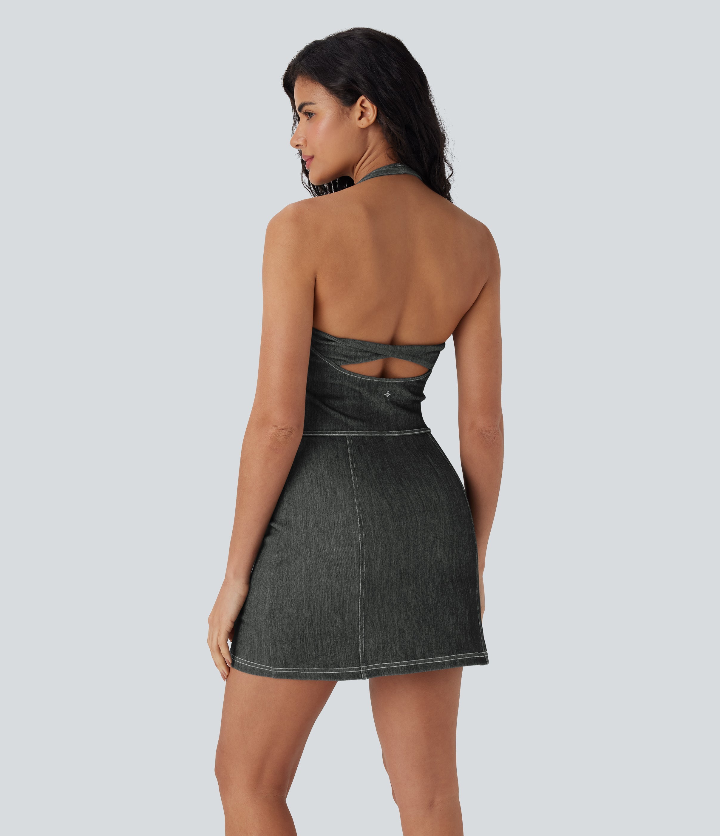 FlexTM Halter Bodycon 2-Piece Cool Touch Washed Denim Mini Tennis Active Dress with Pockets