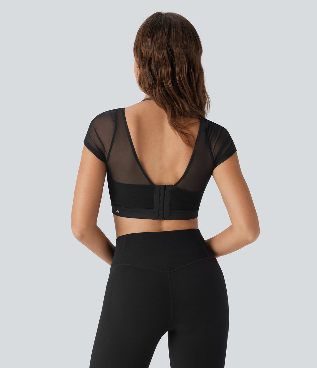 Halter Short Sleeve Contrast Mesh 2-in-1 Cropped Yoga Sports Top