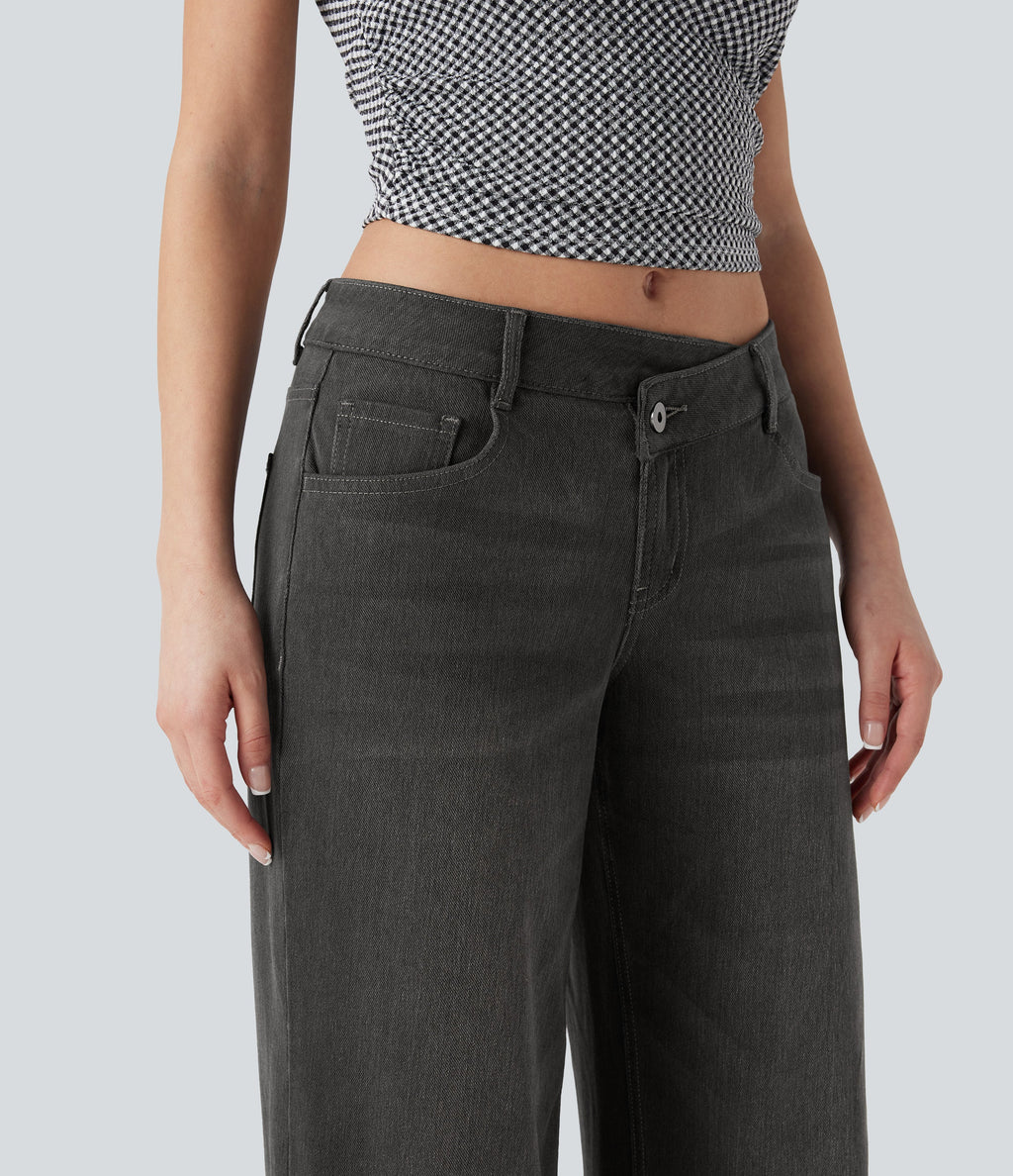 FlexTM Asymmetric Low Rise Zipper Pockets Baggy Wide Leg Washed Casual Jeans