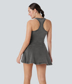 FlexTM Racerback Sleeveless Half Zipper Mini Washed Denim Casual Dress