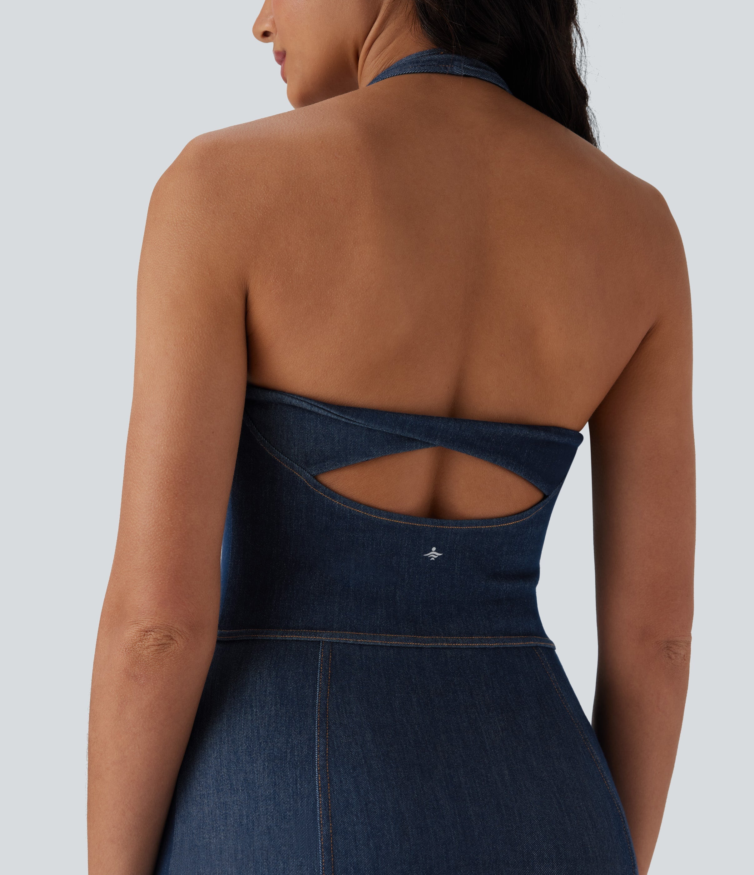 FlexTM Halter Bodycon 2-Piece Cool Touch Washed Denim Mini Tennis Active Dress with Pockets