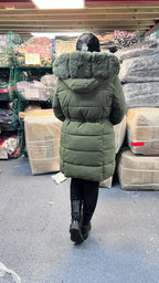 Klara Khaki Luxury Faux Fur Trim Hooded Coat