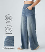 2026🔥 FlexTM High Waisted Multiple Pockets Baggy Wide Leg Washed Stretchy Knit Casual Jeans