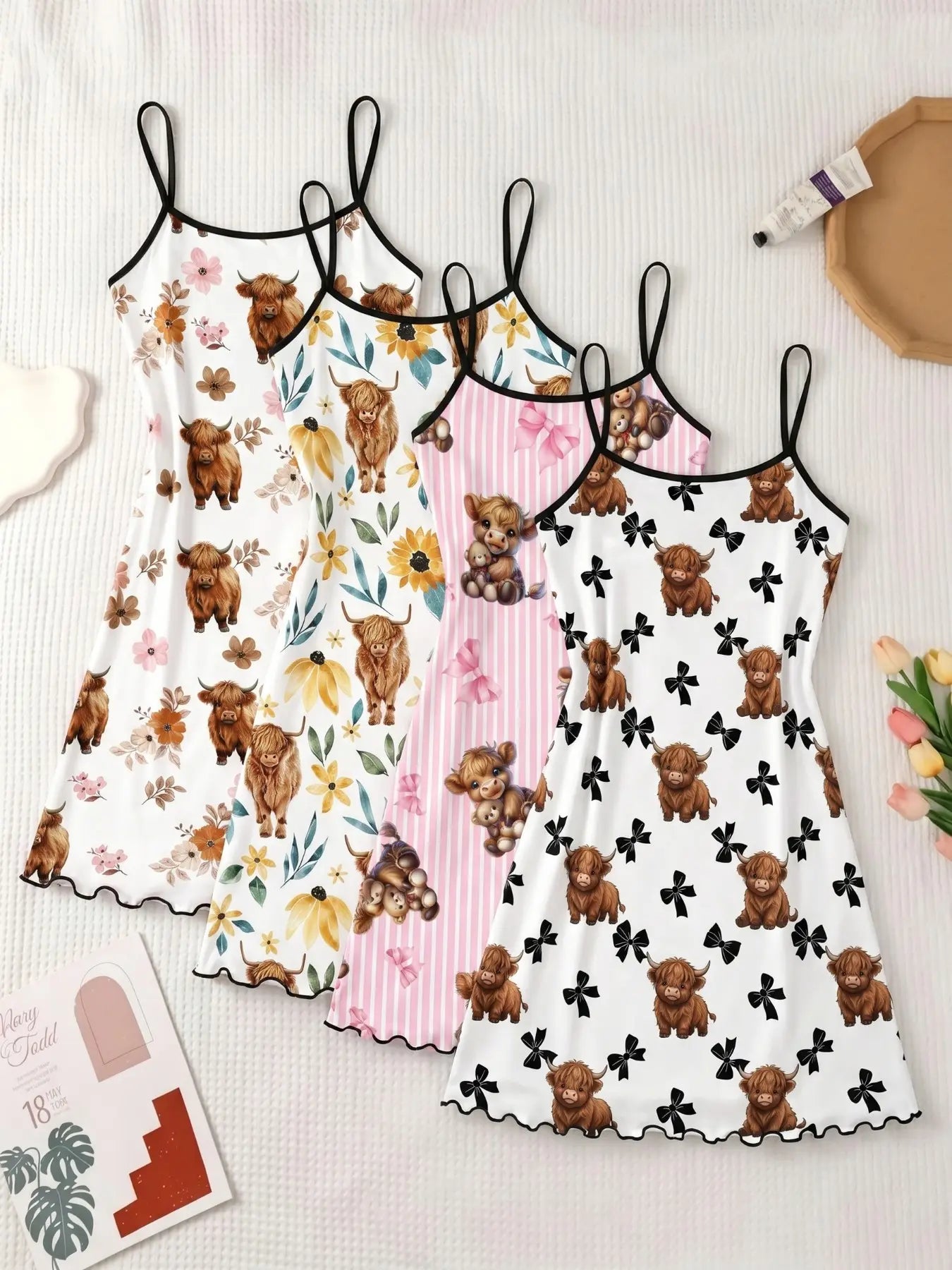 4-Pack Women's Strapless Nightdresses, Cartoon Bear All-Over Print Pajamas, Sweet Home Wear for Spring Summer, Essential Cozy Sleepwear Homewear
