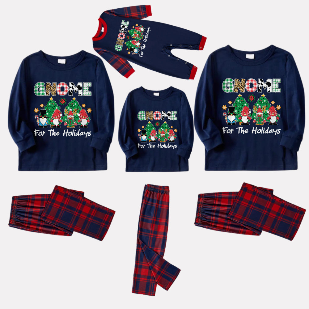 Christmas Family Matching Pajamas-Navy & Red Plaid Pjs Set with "Gnome For The Holidays" Slogan Print