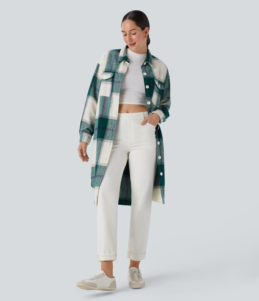 Plaid Curved Hem Longline Casual Jacket with Pockets