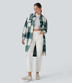Plaid Curved Hem Longline Casual Jacket with Pockets