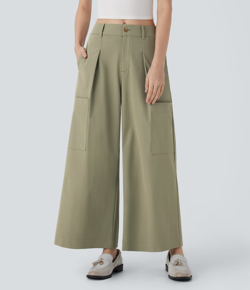 Mid Rise Wide Leg Work Pants with Pockets