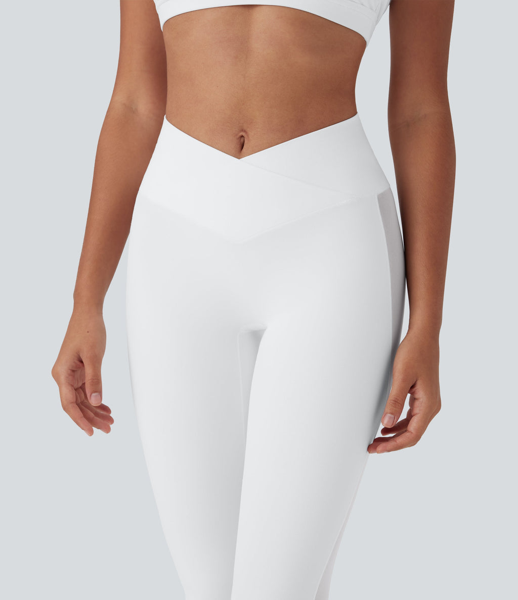 SoftlyZeroTM Crossover High Waisted Contrast Mesh Yoga Leggings with Pocket-UPF50+