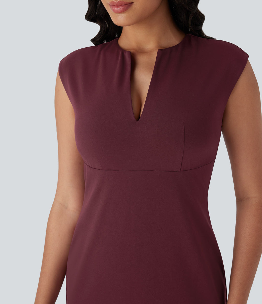 V-neck Zipper Bodycon Midi Work Built-in Mesh Shapewear Dress