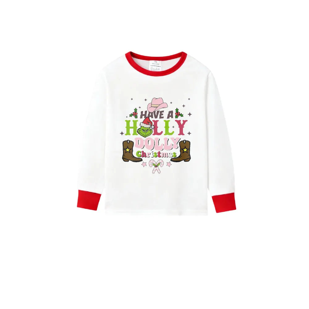 Family Christmas White Pajamas Set With Holly Dolly Pattern Print