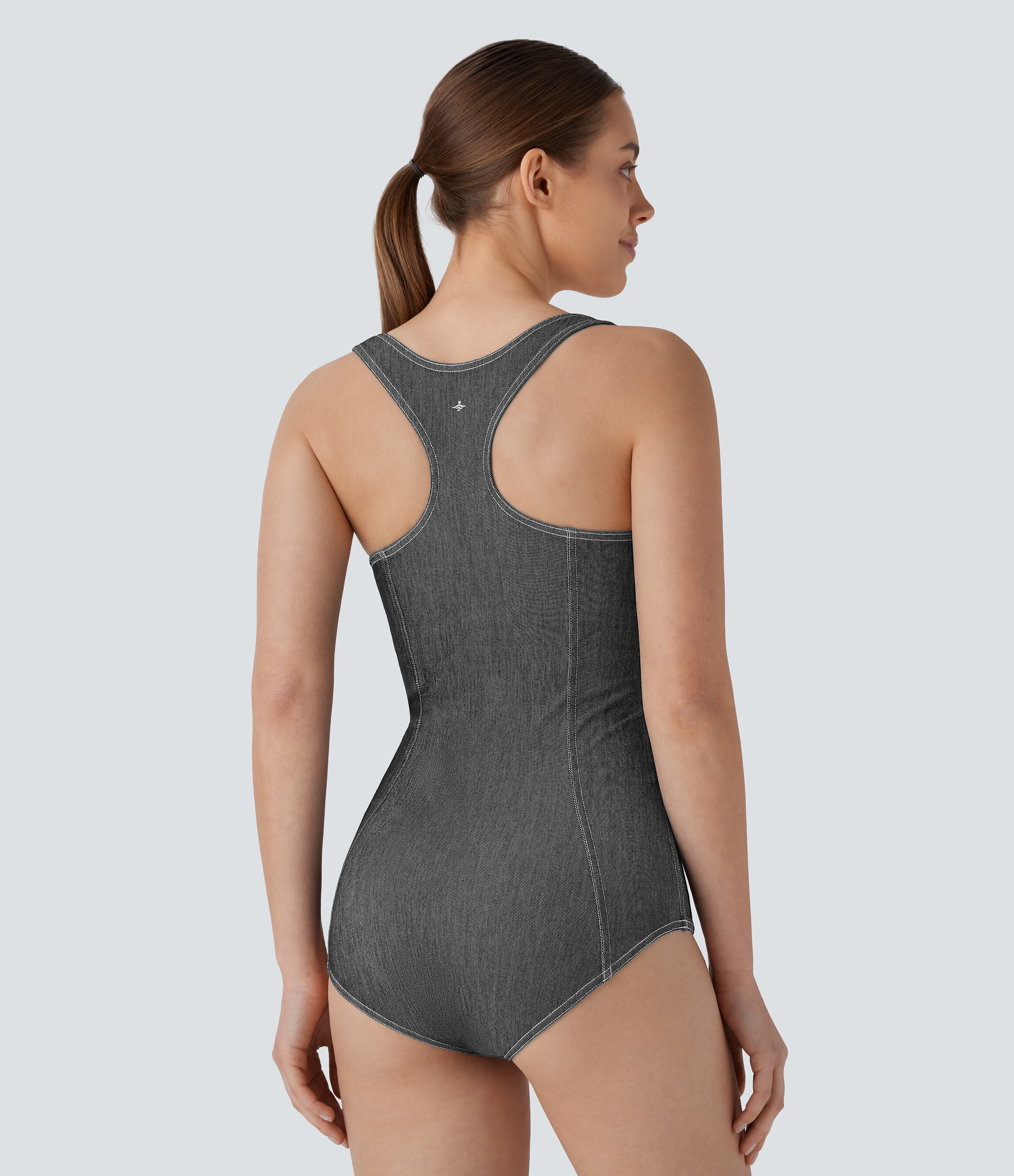 FlexTM Square Neck Racerback Cool Touch Washed Denim Tennis Bodysuit