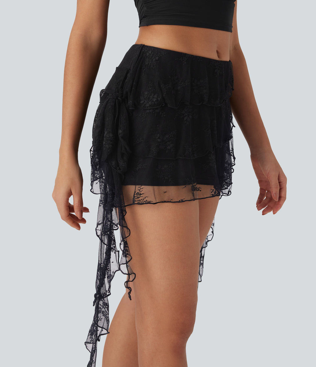 Sheer Low Rise 2-in-1 Lace Tie Side Lettuce Trim Mini Skirt