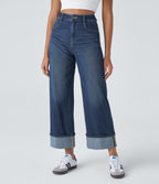 FlexTM High Waisted Multiple Pockets Rolled Hem Wide Leg Washed Stretchy Knit Casual Jeans