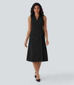 Anti-wrinkle V Neck Sleeveless Wrapped Belted Midi Travel Dress with Pockets