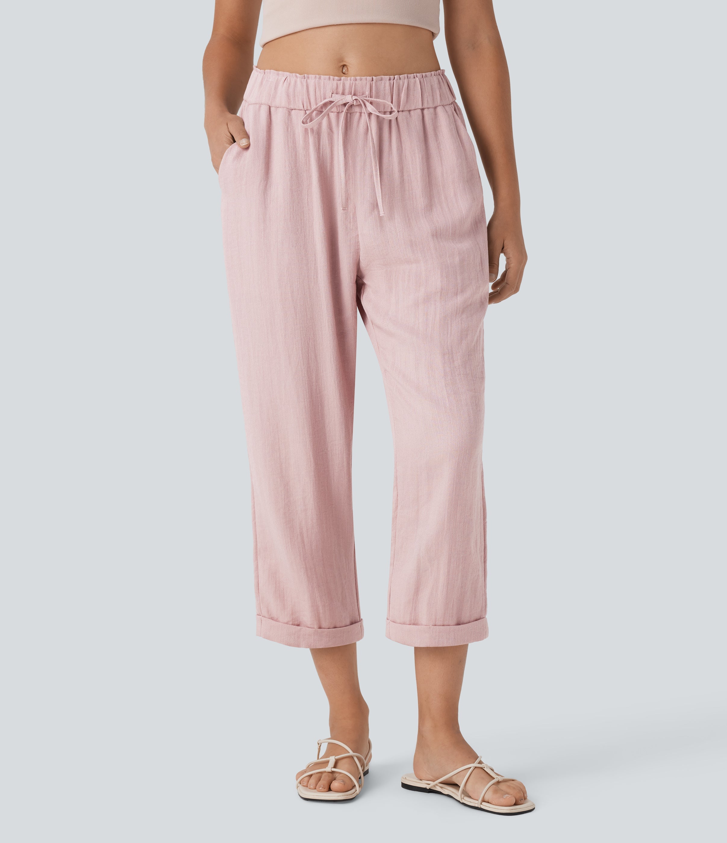 Mid Rise Drawstring Casual Tapered Pants with Pockets