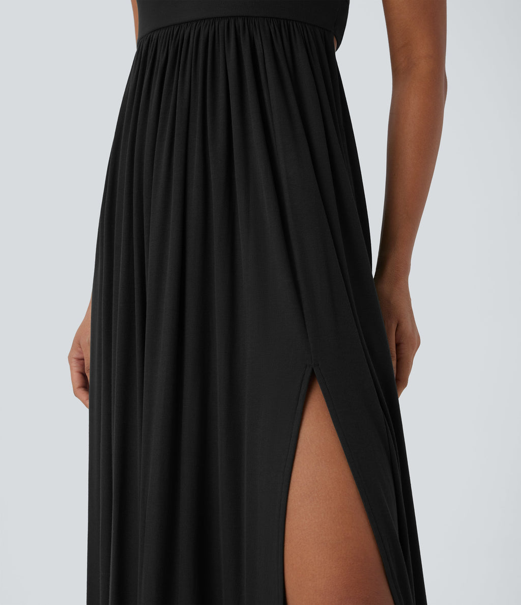 Ribbed Tie Back Ruched Maxi Slip Dress with Pockets