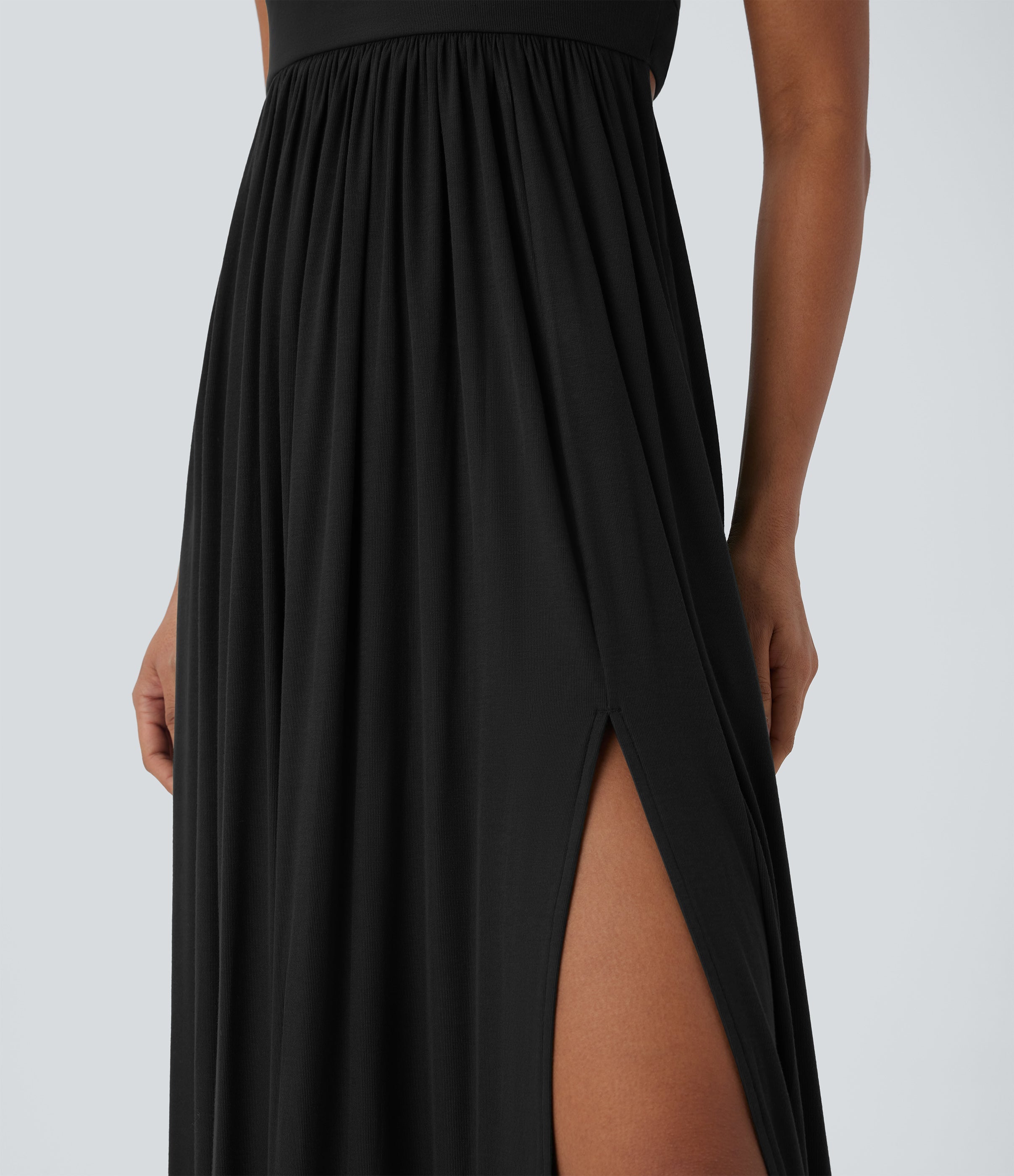 Ribbed Tie Back Ruched Maxi Slip Dress with Pockets