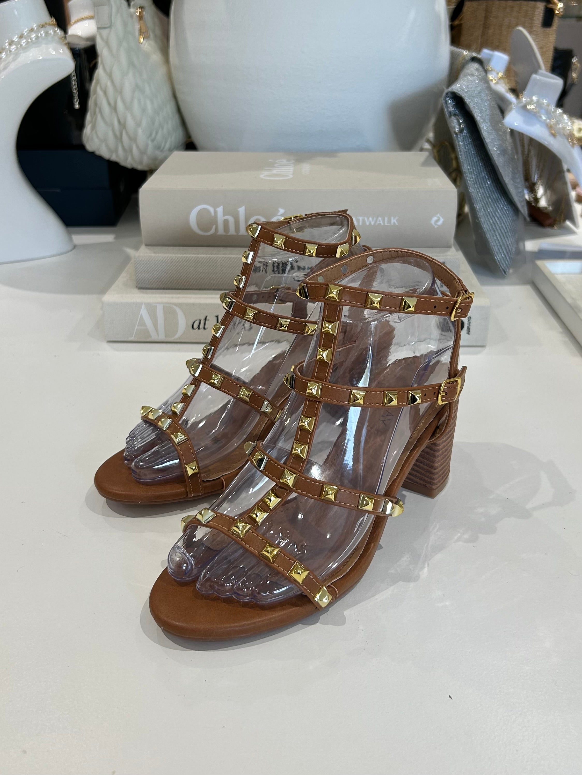 Gold Studded Block Heel Sandal (3 Colours)