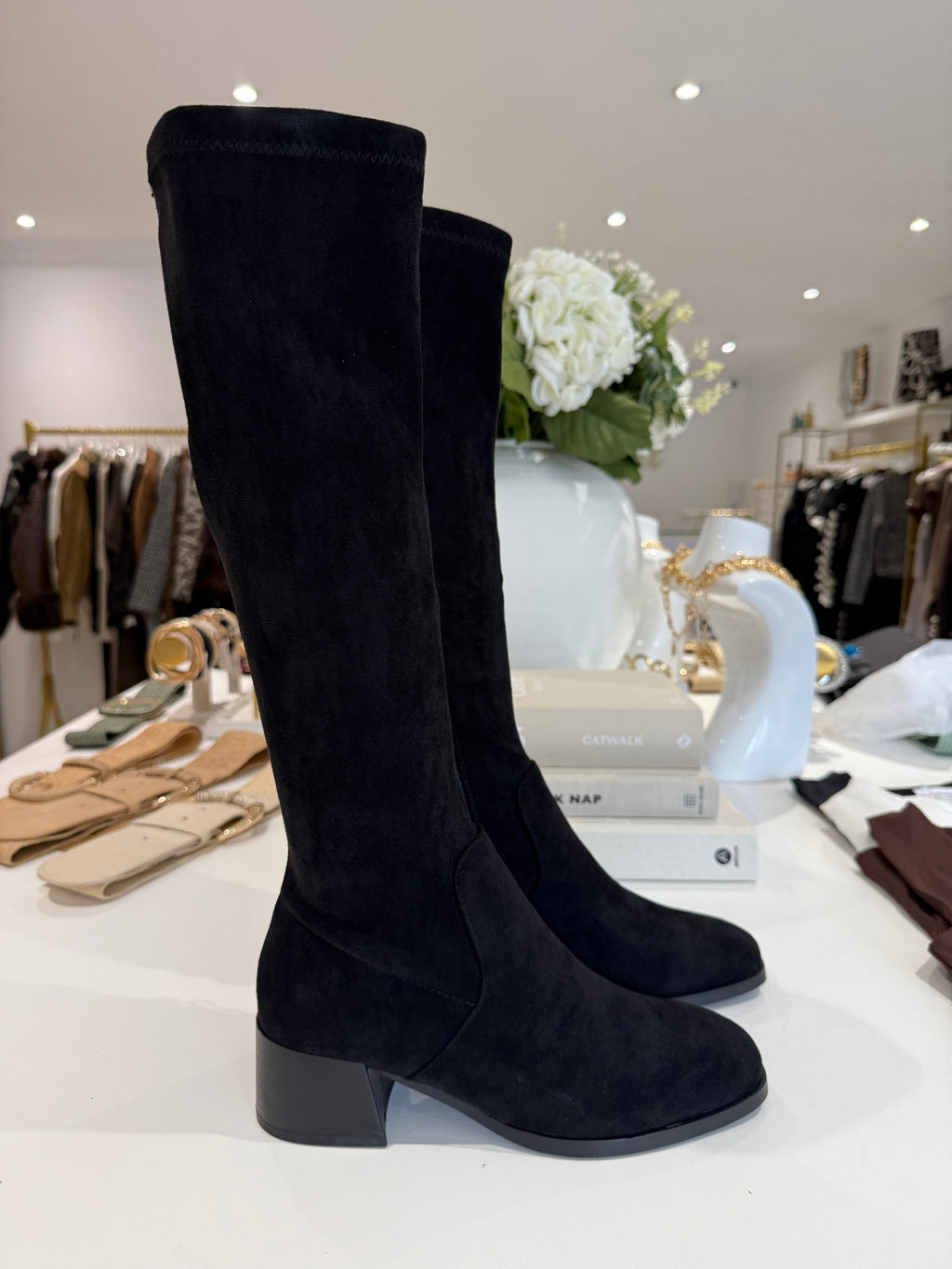 Faux Suede Knee Length Block Heel Boot (3 Colours)