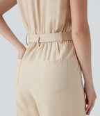 Half Zipper Cap Sleeve Straight Leg Belted Work Linen-Feel Jumpsuit with Pockets