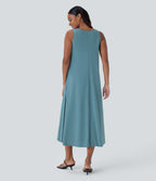 BreezefulTM V Neck Sleeveless Layered Flowy Quick Dry Midi Casual Dress