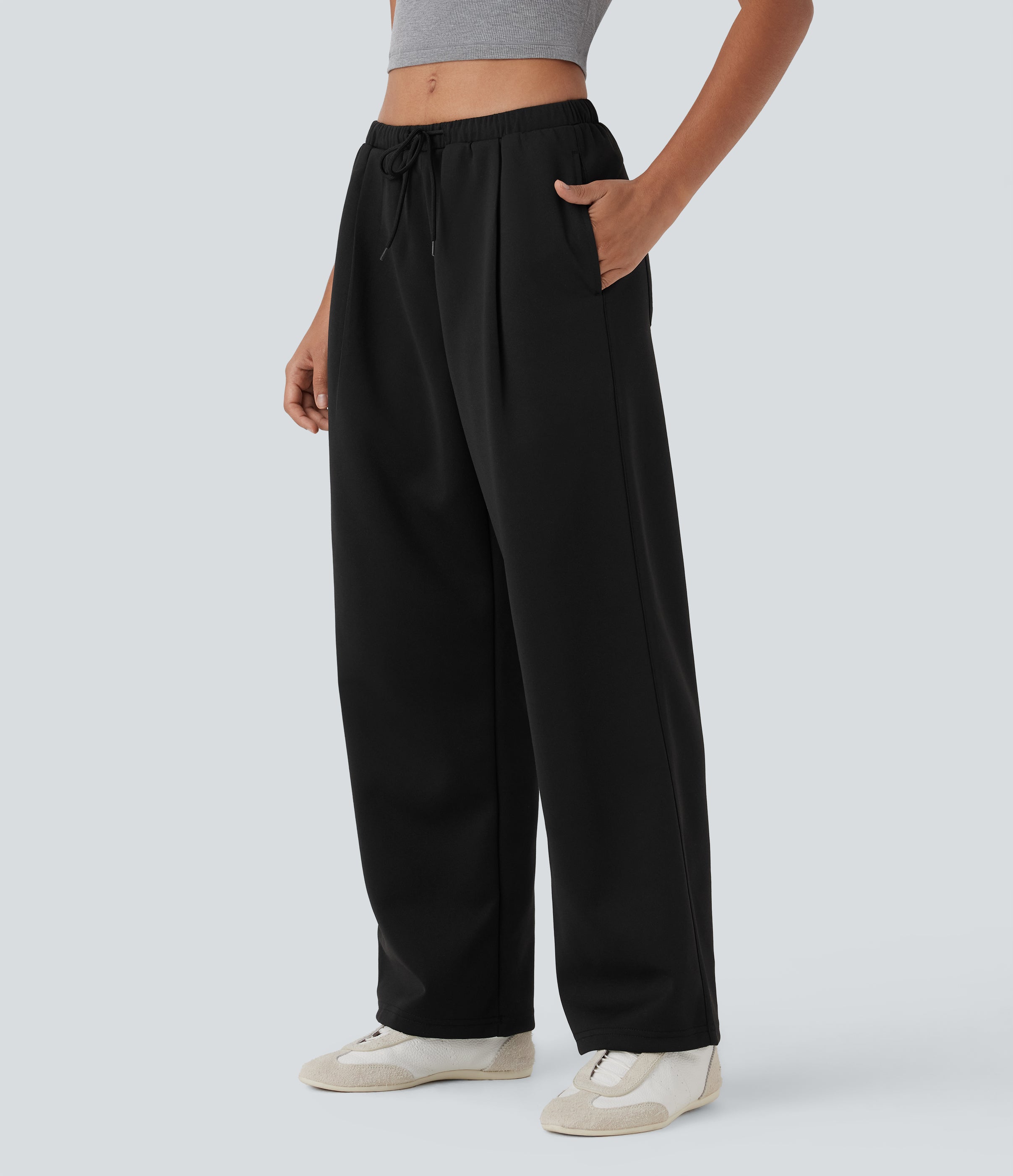 Low Rise Drawstring Straight Leg Yoga Pants with Pockets