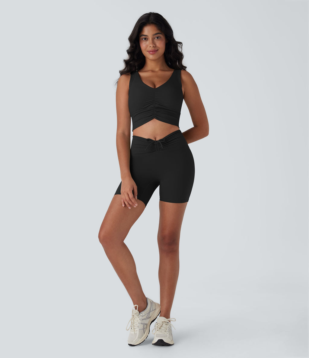 UltraSculptTM High Waisted Drawstring Ruched Yoga Biker Shorts 5'' with Pocket