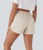 High Waisted Drawstring Contrast Mesh Curved Hem Yoga Shorts with Pockets