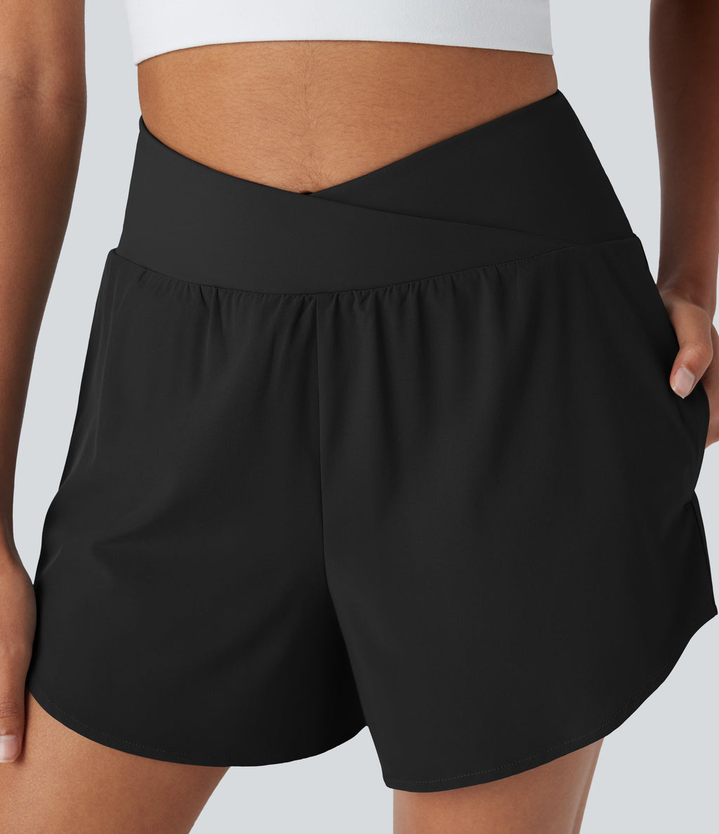 BreezefulTM High Waisted Crossover 2-in-1 Quick Dry Yoga Shorts with Pockets