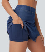 FlexTM High Waisted 2-in-1 Cool Touch Washed Denim Mini Tennis Skirt with Pocket