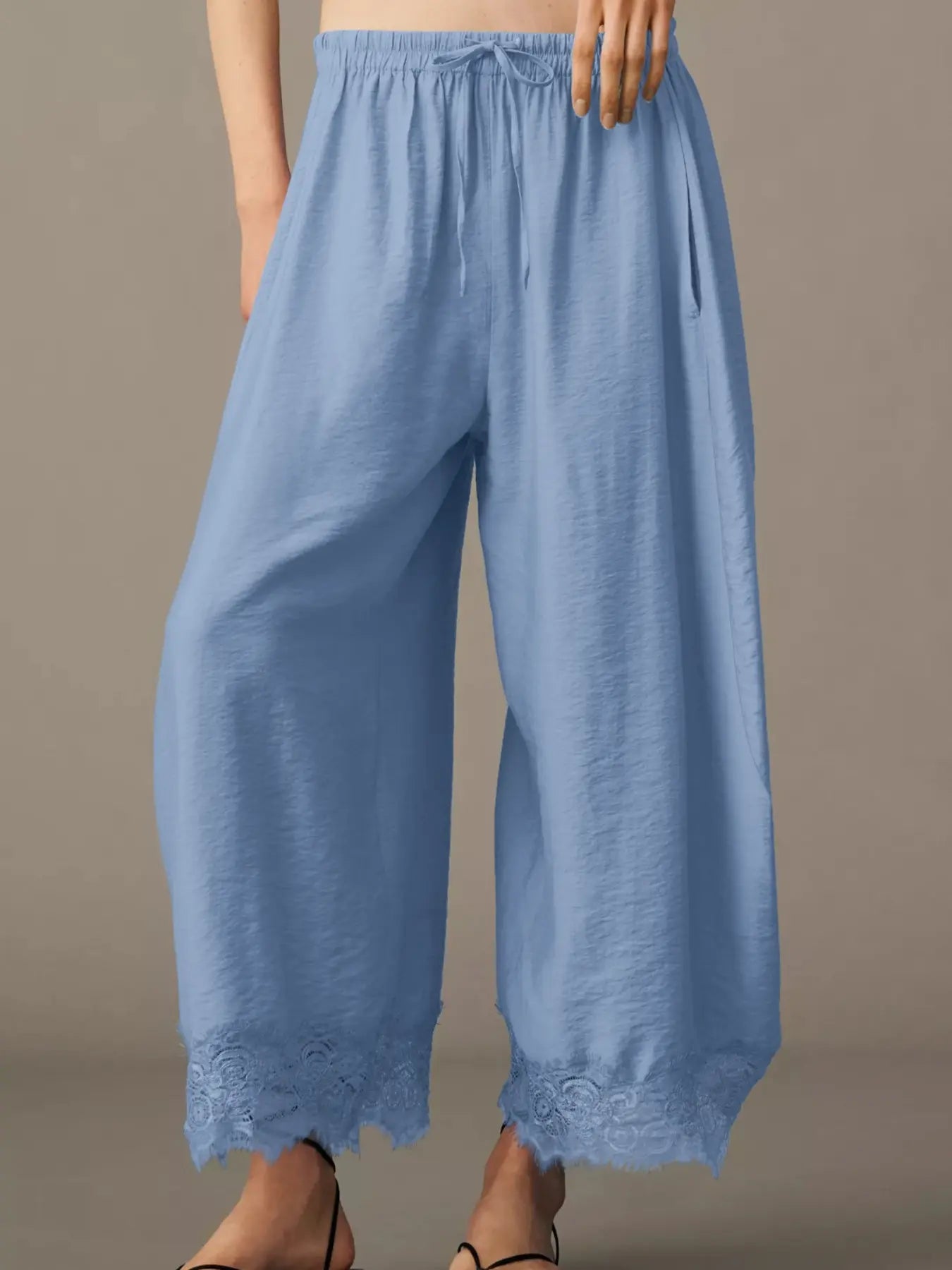 Women's Casual Pocket Elastic Waist Long Pants, Lace Patchwork Bottoms, Asymmetrical Hem, Summer Loose Wide-Leg Pants, Womenswear