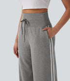 2026🔥 Ribbed SoCinched High Waisted Tummy Control Drawstring Wide Leg Color Block Casual Trousers with Pockets