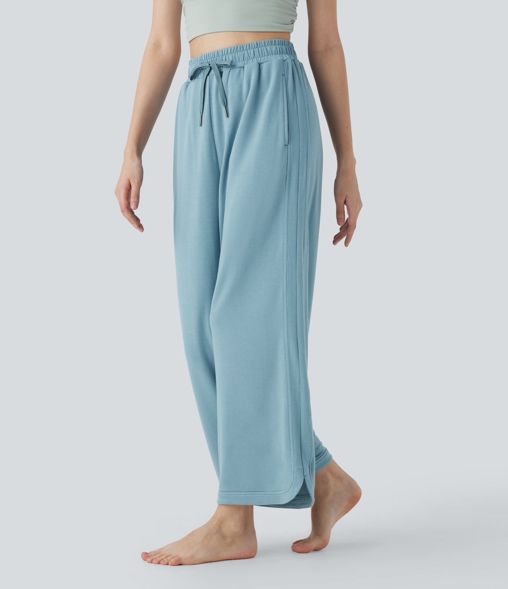 High Waisted Drawstring Curved Hem Straight Leg Yoga Pants with Pockets