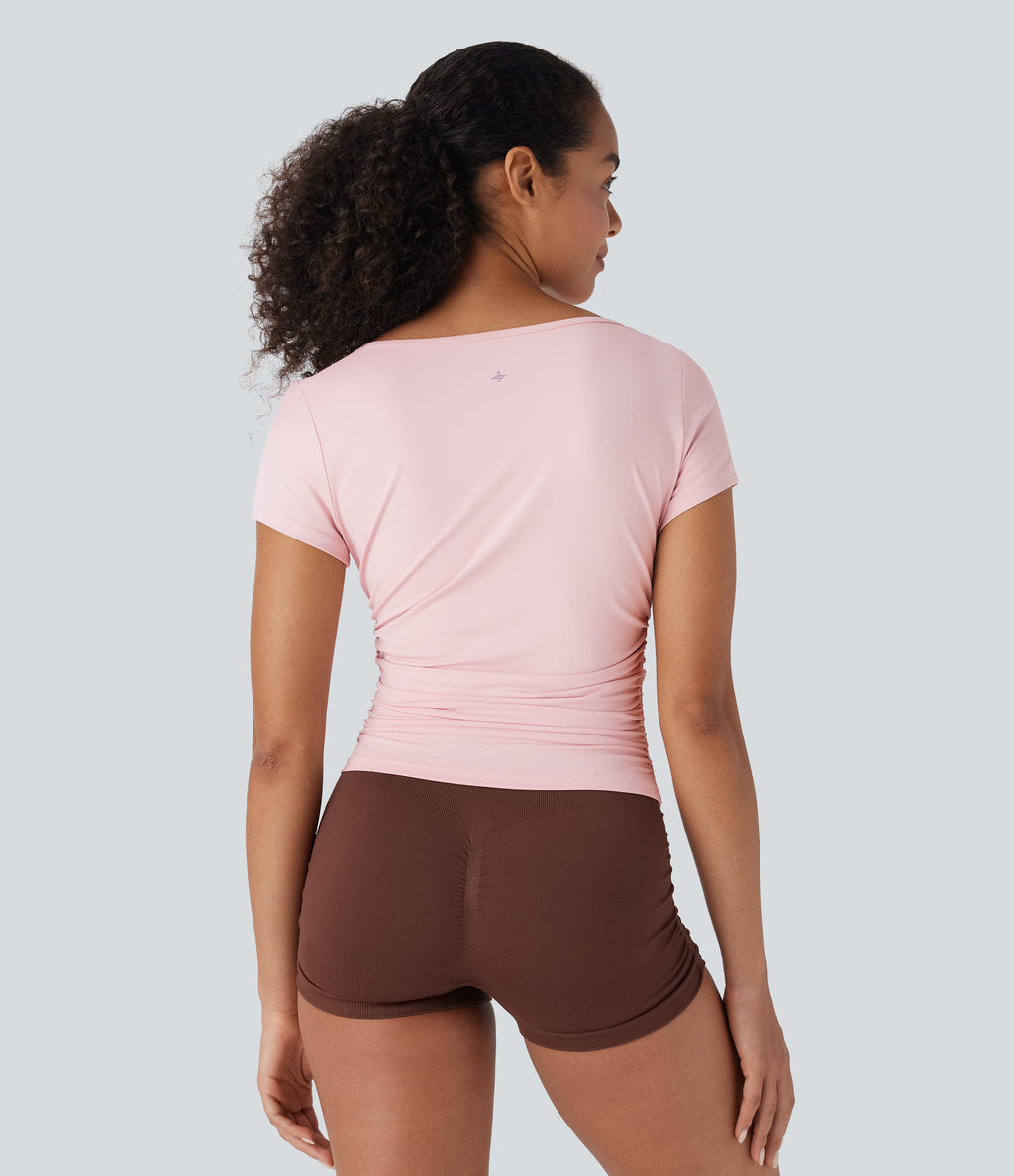 Cowl Neck Short Sleeve Ruched Yoga Top
