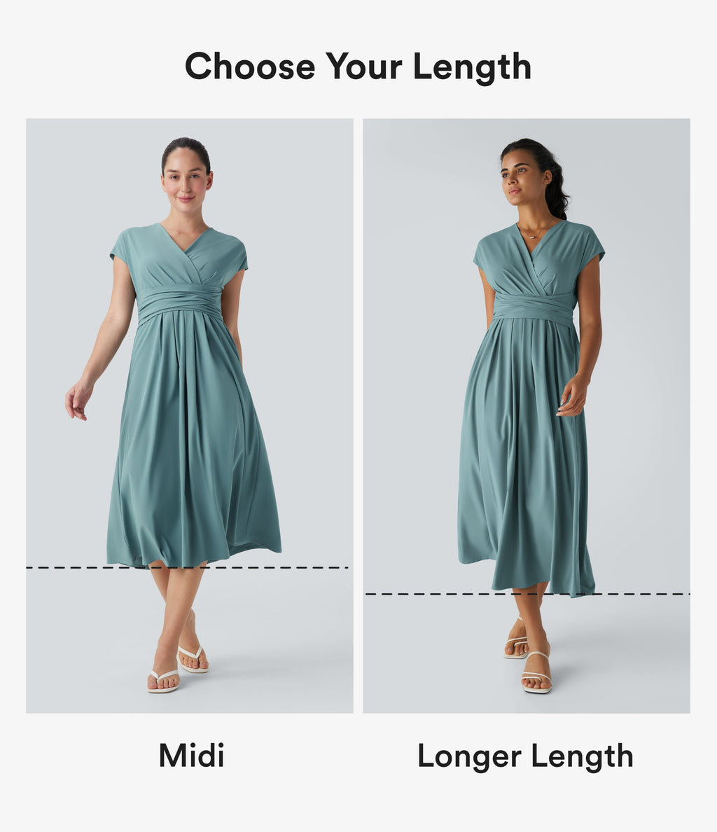 BreezefulTM V Neck Short Sleeve Pocket Tie Back Quick Dry Midi Casual Dress