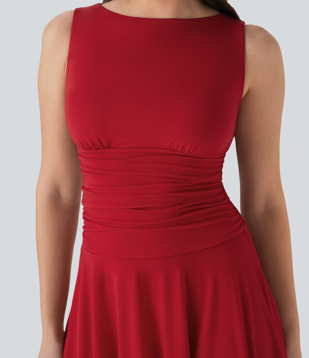 Boat Neck Sleeveless Ruched Flowy Mini Casual Dress